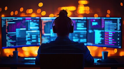Poster - Web based training online idea. A programmer working late at night with multiple screens and colorful code displays.
