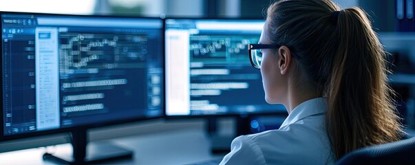 Aufkleber - Web based training online idea. Focused professional analyzing data on dual computer screens in a modern workspace.