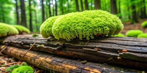 Wall Mural - a large green slime mold growing on a log in a forest clearing, forest ecosystem, forest floor fungu
