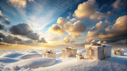 Sticker - Winter Wonderland Presents Golden Ribbons Adorn Gifts Resting in a Snowy Field Under a Dramatic Sunset Sky