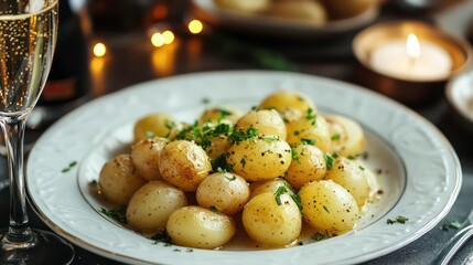 Poster - Roasted baby potatoes with herbs and butter on a plate, next to champagne and candles.