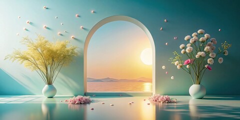 Wall Mural - Serene Seascape Framed by Pastel Archway with Delicate Floral Arrangements and Floating Orbs