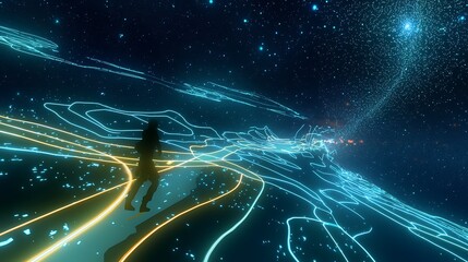 Wall Mural - a man is walking on a path in a space filled with stars