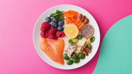 Poster - Healthy meal plate with salmon, berries, almonds, cheese, carrots, chia seeds, and broad beans on pink and teal background.