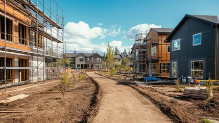 Poster - A new housing development featuring modern homes under construction, with visible scaffolding, tools, and a dirt pathway.