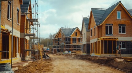 Poster - A new housing development featuring modern homes under construction, with visible scaffolding, tools, and a dirt pathway.