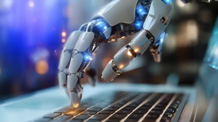 Poster - Robotic hand interacting with keyboard in a futuristic tech environment
