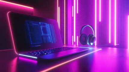 Poster - Neon Nights: Laptop and Headphones in Vibrant  Cyberpunk Setting