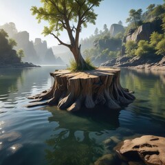 Wall Mural - a massive tree stump lies submerged in the calm waters of the river near a rocky outcropping, reflec