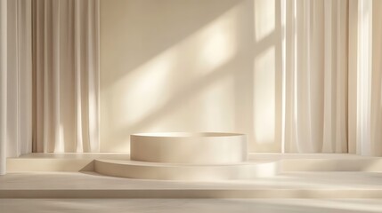 Poster - Minimalist cream platform display with sunlight and drapes.