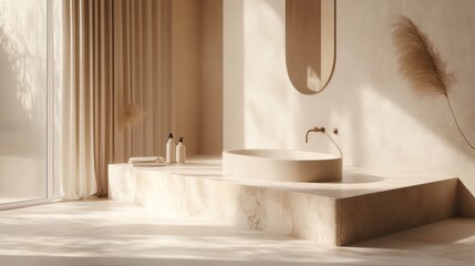 Poster - Sunlit minimalist bathroom with oval tub, marble platform, pampas grass, and sheer curtains.