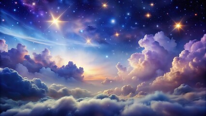 Wall Mural - celestial dreamscape a serene view above the clouds with bright stars and a golden sunset glow