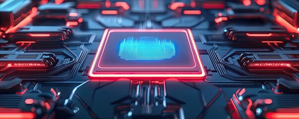 Poster - Adaptive technology ai concept. Futuristic circuit board with glowing components and a central processor interface.