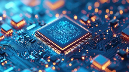 Poster - Artificial intelligence ai idea. Close-up view of a microchip on a circuit board showcasing intricate details.