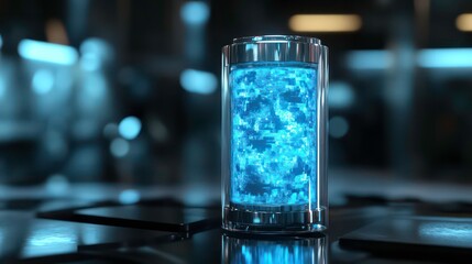 Aufkleber - Glowing blue energy cell in glass cylinder on dark surface.