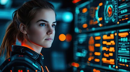 Poster - Artificial intelligence ai idea. A focused young woman analyzing data on futuristic digital interfaces.