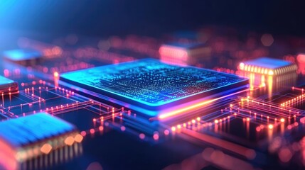 Poster - Artificial intelligence ai idea. Close-up view of a colorful microchip on a printed circuit board.