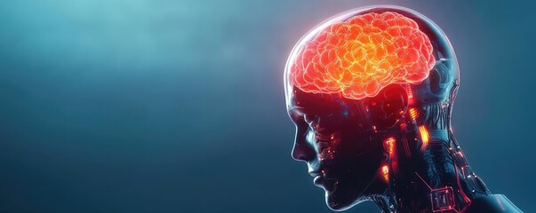 Poster - Adaptive technology ai concept. Futuristic depiction of a human brain in a robotic form, showcasing innovation and technology.