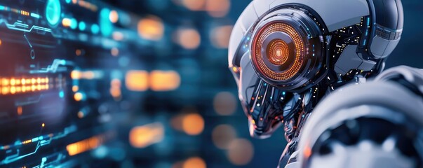 Poster - Interactive tools ai concept. Futuristic robot with glowing interfaces, representing advanced artificial intelligence.
