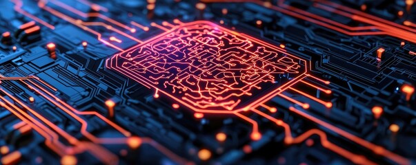 Poster - Artificial intelligence ai idea. Close-up of a futuristic circuit board with glowing elements and intricate patterns.
