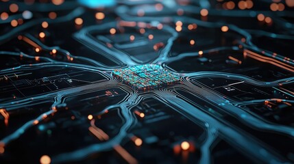 Poster - Artificial intelligence ai idea. A detailed view of a futuristic circuit board with glowing connections and nodes.