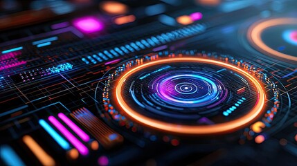 Poster - Interactive tools ai concept. Futuristic digital interface with vibrant neon colors and intricate details.