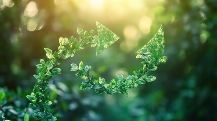 Poster - Lush green leaves forming a recycling symbol against a blurred natural background.