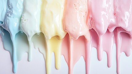 Poster - Melted rainbow ice cream scoops dripping on pastel background.
