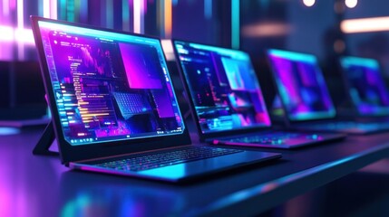 Poster - Neon Lit Laptops:  A Futuristic Tech Showcase