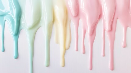 Poster - Dripping pastel paint in shades of blue, green, yellow, and pink on white background.
