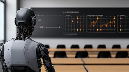 Aufkleber - Automated teaching ai idea. A humanoid robot analyzing data in a modern conference room.