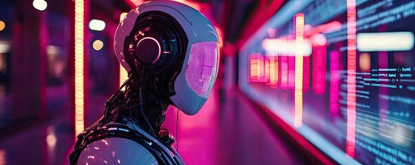 Aufkleber - Intelligent tutoring ai concept. A futuristic robot in a neon-lit environment, exploring digital data and innovation.