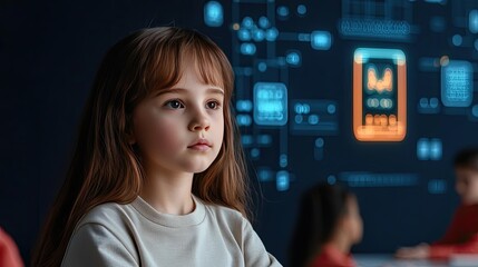 Poster - Automated teaching ai idea. A young girl focused on digital projections, exploring technology and learning.