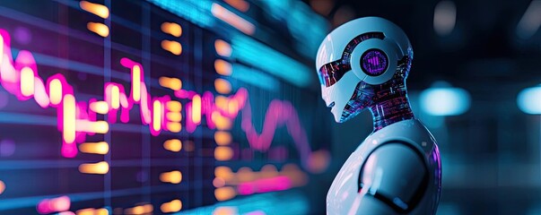 Aufkleber - Artificial intelligence ai idea. Futuristic robot analyzing data on glowing digital charts and graphs.