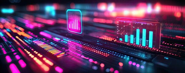 Poster - Interactive tools ai concept. Vibrant digital data visualization with colorful graphs and holographic interfaces.