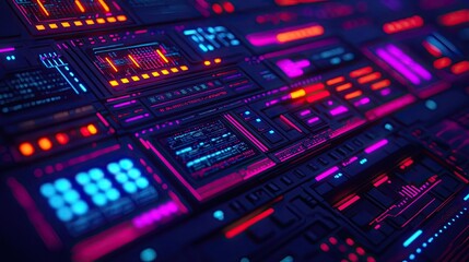 Poster - Interactive tools ai concept. Abstract futuristic digital interface with vibrant neon colors and glowing elements.