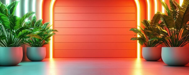 Poster - Artificial intelligence ai idea. Vibrant interior space with glowing lights and decorative plants in modern pots.