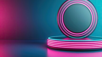 Poster - Adaptive technology ai concept. A futuristic neon-lit pedestal with vibrant colors and a reflective surface.