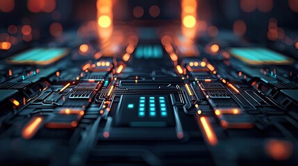 Poster - Interactive tools ai concept. Close-up view of a futuristic circuit board with glowing orange and blue lights.
