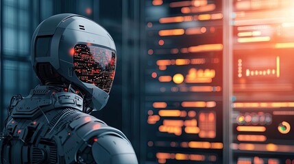 Poster - Interactive tools ai concept. A futuristic robot observing digital data in a high-tech environment.