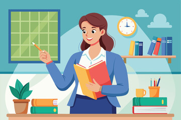 Poster - A female teacher explains a lesson while holding a book and smiling in her decorated classroom Female teacher explaining tutorial with book