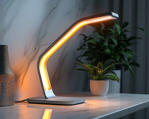 Poster - Modern desk lamp with warm light illuminates a home office.