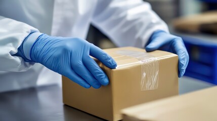 Poster - Close-up of gloved hands carefully packaging a cardboard box.