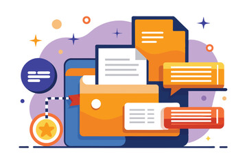 Poster - A bright digital workspace featuring customizable documents and chat messages in various colors Files sent Customizable Disproportionate Illustration