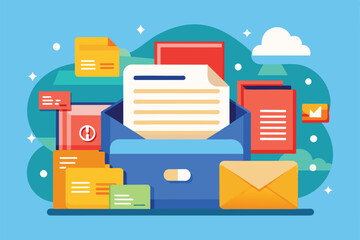 Poster - an organized workspace displays documents, letters, and envelopes arranged around a central mailbox 