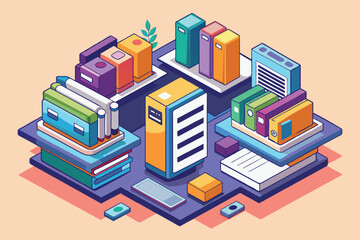 Poster - A vibrant workspace features organized books, files, and a computer setup designed for productivity Files sent Customizable Isometric Illustration