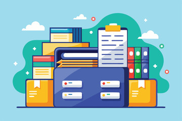 Poster - Customizable filing system with colorful folders and papers arranged neatly in an office environment Filing system Customizable Flat Illustration
