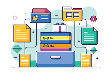 Poster - An illustrated filing system showcases organized documents and digital interfaces for efficient management Filing system Customizable Disproportionate Illustration