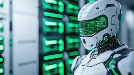 Aufkleber - Intelligent tutoring ai concept. Futuristic robot with a sleek design in a high-tech data center environment.