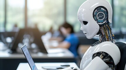 Aufkleber - Student progress ai idea. A humanoid robot working on a laptop in a modern office environment.